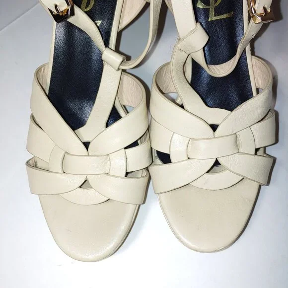 SAINT LAURENT Tribute Platform Sandals in Smooth Leather Cream Size 39 - Picture 7 of 15